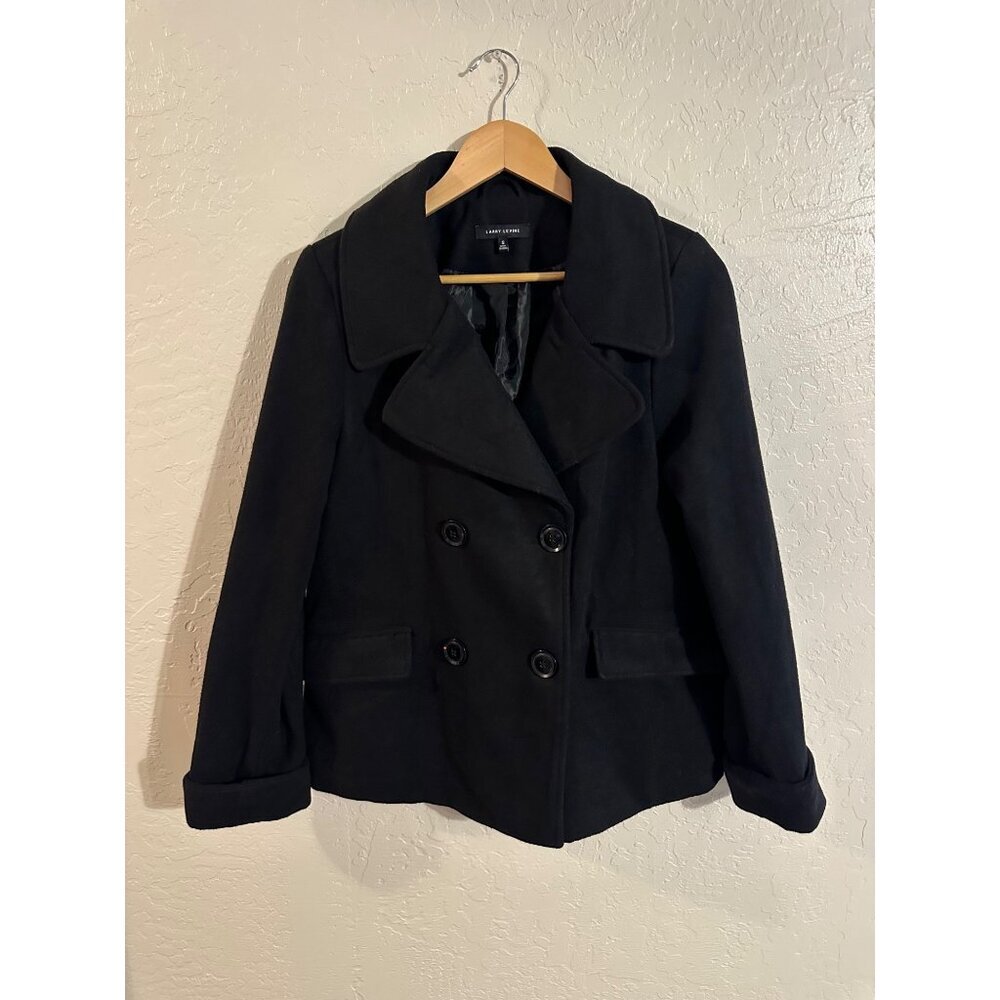 Y Larry Levine Double Breasted Black Classy Collared Peacoat Winter Jacket